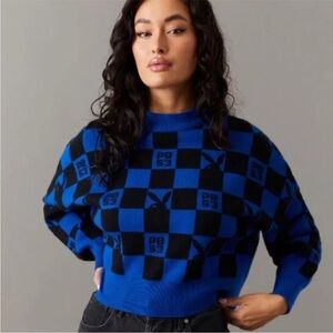 Playboy Checkered Knit Crop Sweater Blue/Black Sz XL
